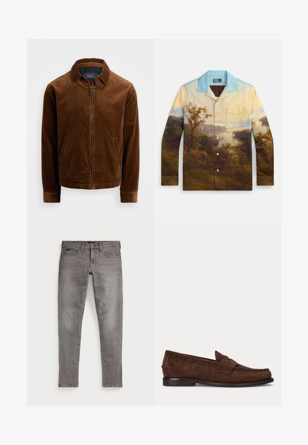 Bruine corduroy jas met een rits aan de voorkant, puntige kraag en twee zijzakken. Heeft een geborduurd logo op de borst.; Overhemd met een landschapprint. Voorzien van een lichtblauwe kraag, lange mouwen en een borstzak. De stof heeft een gladde textuur.; Grijze spijkerbroek, slim fit, met rechte pijpen. Kenmerken klassieke vijf-pocketontwerp, stikdetails en een licht vervaagde textuur.; Bruine suède penny loafer met lage hak en zichtbare stiksels langs de neus, zijkant en achterkant, weergegeven op een effen lichte achtergrond.