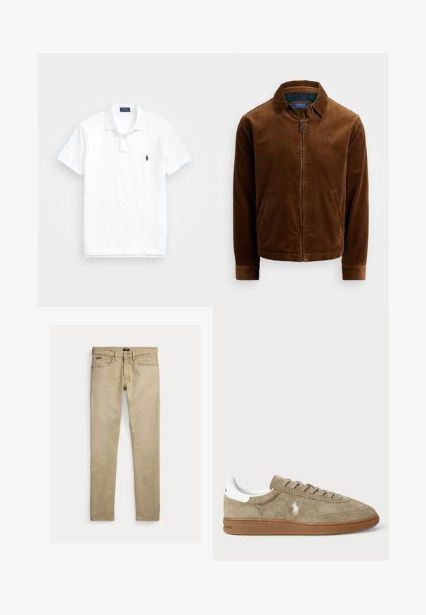 Veste en velours côtelé marron avec zip sur le devant, col pointu et deux poches latérales. Présente un logo brodé sur la poitrine.; Polo blanc en coton. Il présente un col classique, une patte de boutonnage à trois boutons, des manches courtes et un petit logo marine sur la poitrine.; Pantalon beige slim fit avec poches avant, passants de ceinture et fermeture par bouton, posé à plat sur fond blanc.; Baskets en daim couleur beige avec des accents blancs, bout rond et design à lacets. Présente un logo en relief et une semelle en caoutchouc pour une meilleure traction.