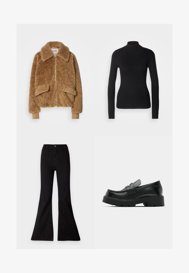 Pruun kunstkarusnahast bomber-jakk lukuga, suure krae ja kahe eespool oleva taskuga. Ribatud varrukad heledamas toonis.; Mustem turtleneck-sviiter, mis on valmistatud kerge kudumiskangast. Omab pikki varrukaid, slim-fit lõiget ja pehmet soonikut.; Mustast flaierd denimsinist, kõrge vöökoht, eesmine taskud ja suur avaus nohikutel, et luua laia jala siluett.; Mustad nahast loafers, millel on tükiline tekstureeritud tald, vampi kohal rihm ja sile, läikiv viimistlus.