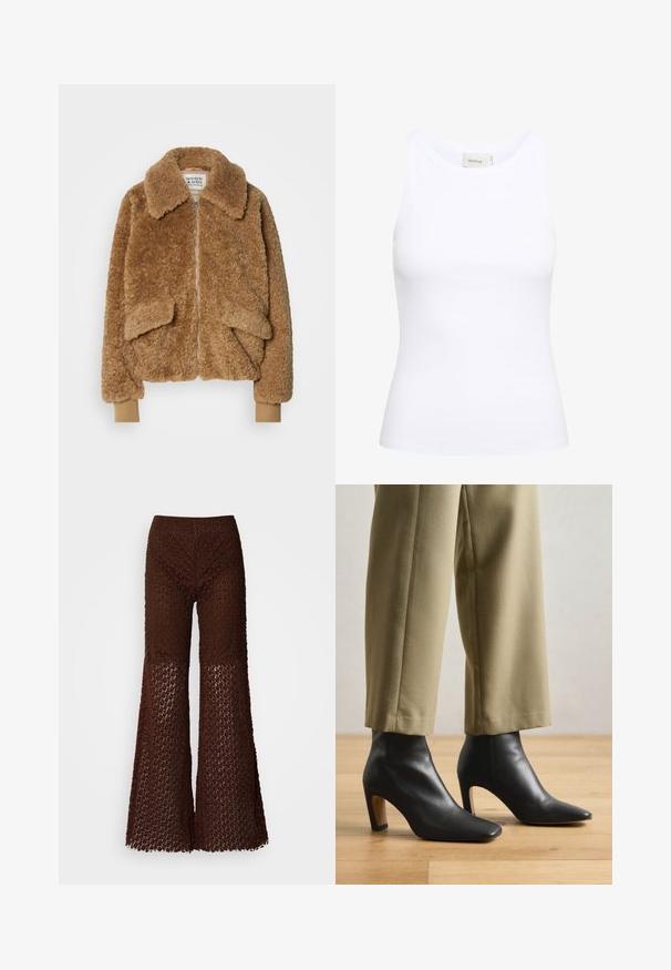 Brun faux fur bomberjakke med lynlås, stor krave og to frontlommer. Ribbestrikkede manchetter i en lysere nuance.; Hvid ribbet tanktop med rund halsudskæring og uden ærmer. Strækbart stof og tætsiddende design. Etiketten bagpå viser "GESTUZ."; Brune hæklede flagrende bukser med et blomstermønster, der har en tekstureret overflade og vide benåbninger, designet til en løs pasform.; Sorte læder ankelstøvler med spids tå, firkantet hæl og en glat overflade, parret med beige skræddersyede bukser.