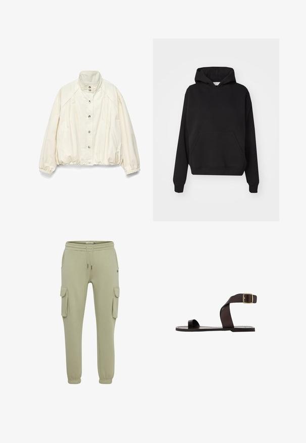 Veste légère de couleur crème avec col haut, fermeture à boutons, poignets élastiques et ourlet froncé, conçue pour un usage décontracté.; Gina Tricot ICONIC HOODIE - Sweat à capuche - black; Pantalons cargo en vert clair en tissu doux, avec poches latérales, poignets élastiqués et une taille à cordon pour un ajustement réglable.; Sandale plate en cuir marron avec un passant pour l'orteil et une bride de cheville avec une boucle dorée, présentée sur fond blanc.
