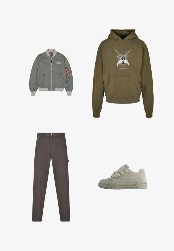 Groene bomberjack van glanzend nylon met ribgebreide manchetten en kraag, afsluiting met ritssluiting aan de voorkant, twee zijzakken en een rood label op de mouw.; Olijfgroene hoodie van katoen, voorzien van een voorzak in kangoeroestijl en een grafische print met vleugels en een figuur op de borst.; Donkergrijze, rechte broek gemaakt van duurzaam materiaal, met voorzakken en een zijzak met een klein logo-label.; Laag model grijze sneaker met dikke, gestructureerde veters, gevoerde kraag, gestikte panelen en een geribbeld rubberen zool voor grip.