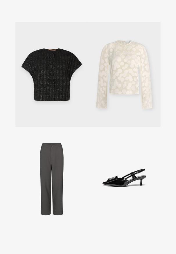 Top negro corto con mangas cortas anchas y rayas verticales brillantes sobre un fondo liso.; Blusa crema de manga larga con patrón de puntos abstractos en relieve, escote redondo y cierre con botones en la espalda.; Pantalones de vestir grises con un diseño de pierna recta, textura suave, cierre frontal con botón y dobladillos zurcidos para un aspecto ajustado.; Zapatos de tacón slingback de charol negro con punta afilada, detalle de lazo en el frente y un pequeño tacón de aguja. Las correas tienen hebillas ajustables.