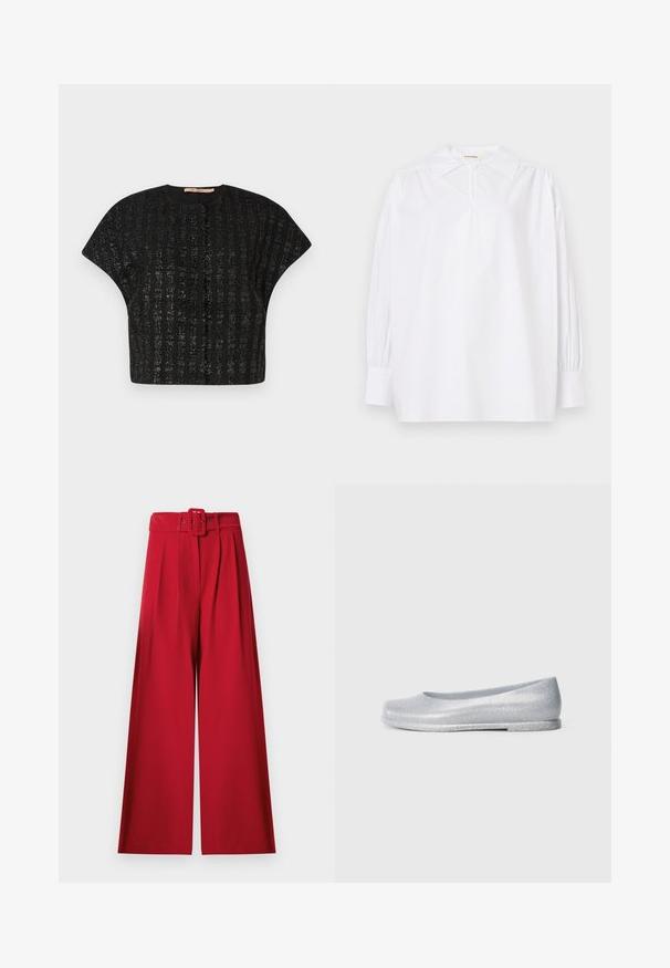 Haut noir court avec des manches larges courtes et des rayures verticales pailletées sur un fond uni.; Blouse blanche à manches longues avec col pointu, épaules froncées, poignets boutonnés et petit bouton au niveau de l'encolure.; Pantalon rouge taille haute à jambes larges, avec plis à l'avant et ceinture assortie en tissu dotée d'une boucle rectangulaire.; Ballerines argentées à paillettes avec un bout arrondi, texture lisse, profil bas et talon minimal. Design simple sans embellissements supplémentaires.