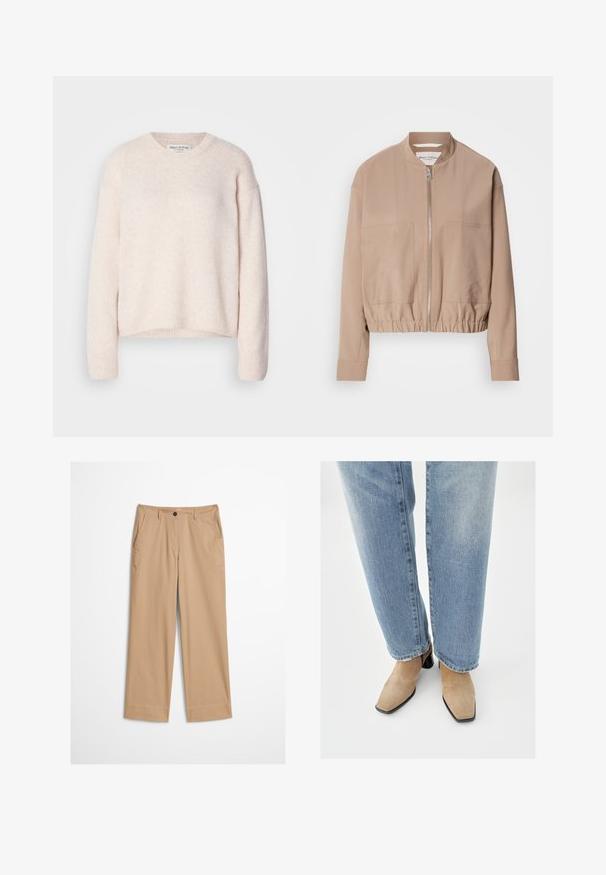 Chaqueta bomber beige hecha de tela ligera, con cierre de cremallera, dobladillo acanalado y dos bolsillos frontales. Diseño de cuello alto.; Suéter de punto texturizado en rosa claro, con cuello redondo y mangas largas. Los puños y el dobladillo acanalados ofrecen un ajuste casual. Etiqueta de la marca visible en el cuello.; Pantalones de algodón beige con piernas rectas, cierre frontal con botones y textura suave. Cuenta con trabillas estándar para cinturón y diseño frontal plano.; Botines de ante beige con punta puntiaguda y tacón bajo cuadrado negro, usados con vaqueros azul claro de pierna recta.