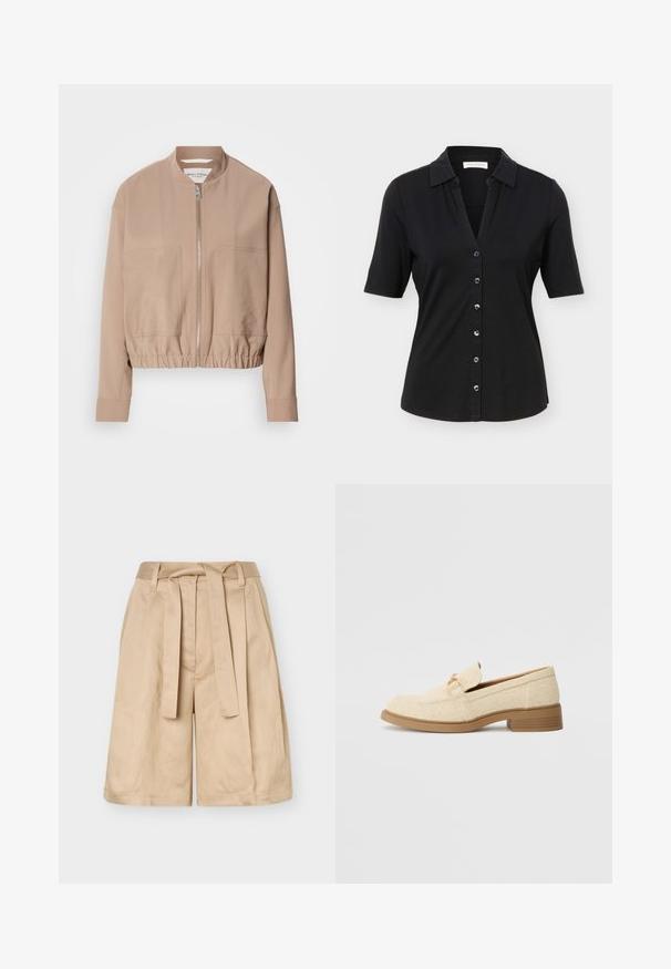 Beige bomber τζάκετ κατασκευασμένο από ελαφρύ ύφασμα, με κλείσιμο με φερμουάρ, λαιμό ribbed και δύο μπροστινές τσέπες. Σχεδίαση με ψηλό γιακά.; Μαύρο πουκάμισο με κοντά μανίκια και κουμπιά, γιακά, έξι κουμπιά μπροστά και ελαφρώς εφαρμοστή σιλουέτα.; Μπεζ σορτς με ψηλή μέση, θηλιές για ζώνη, υφασμάτινη ζώνη που δένει και φαρδιά πόδια, εμφανίζεται σε απλό φόντο.; Μπεζ υφασμάτινες λουστρίνια με χαμηλό τακούνι, που διαθέτουν ραμμένο σχέδιο και διακοσμητική ασημί μεταλλική λεπτομέρεια στο πάνω μέρος.