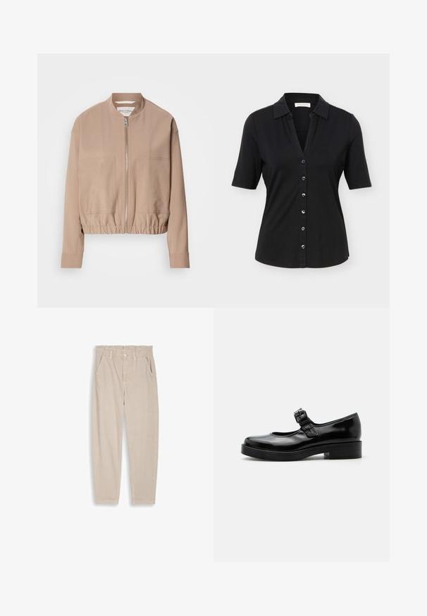 Veste bomber beige en tissu léger, dotée d'une fermeture éclair, d'une bordure côtelée et de deux poches avant. Design à col montant.; Chemise noire à manches courtes avec col, six boutons sur le devant, et une silhouette légèrement cintrée.; Pantalon beige à jambes droites avec taille élastique, passants pour ceinture, fermeture par bouton et poches avant, présenté sur un fond uni.; Chaussure Mary Jane en cuir verni noir avec bout rond, petit talon bloc et bride réglable avec boucle sur le coup de pied.