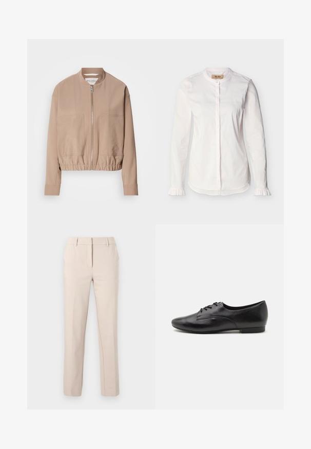Beige bomberjack gemaakt van lichtgewicht stof, met een ritsluiting, geribbelde zoom en twee voorzakken. Hoge kraagontwerp.; Witte blouse met lange mouwen, bandkraag, verborgen knopenlijst, subtiele verticale strepen en gerimpelde manchetten, weergegeven op een effen achtergrond.; Beige op maat gemaakte, rechte broek met ceintuurlussen, voorsluiting met ritssluiting en knoop op een effen lichte achtergrond.; Zwarte leren veterschoenen met een gladde textuur, ronde neus, lage hak en eenvoudig ontwerp. Zijaanzicht dat de slanke vorm en stiksels benadrukt.