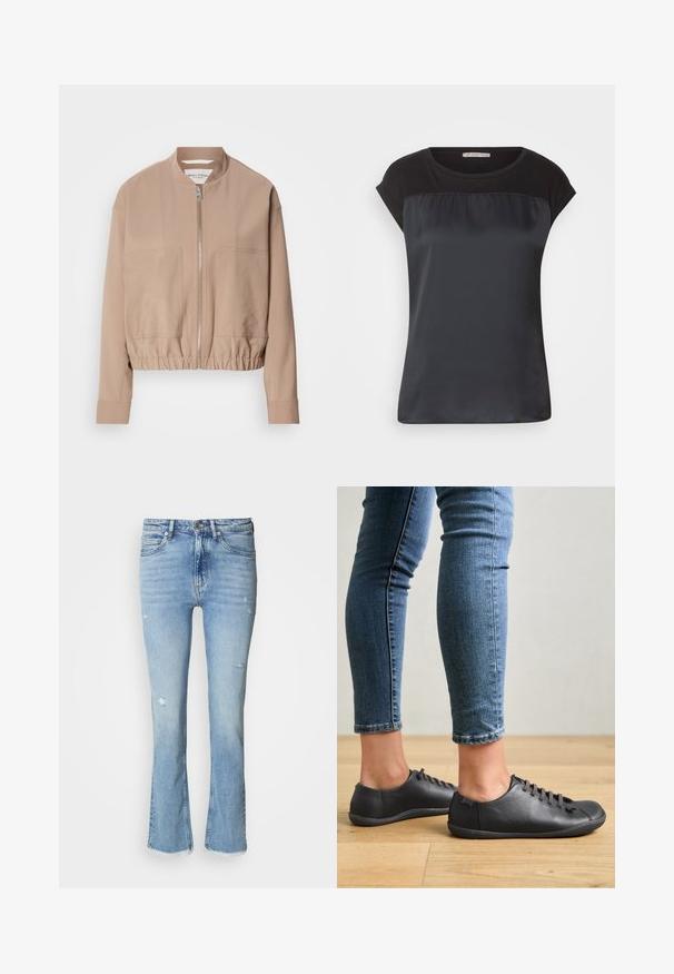 Beige bomberjakke lavet af letvægtsstof med lynlås, ribbet kant og to frontlommer. Høj kravedesign.; Sort kortærmet top med en satinlignende frontpanel og kontrasterende mat stof på skuldrene. Glat tekstur med en afslappet pasform.; Lyseblå denimflare jeans med slidte detaljer, fem lommer, knaplukning og frynset kant ved anklerne.; Sorte lædersko med rund tå, lav profil og snørebåndsdesign. Kombineret med blå, tætsiddende jeans og en baggrund af trægulv.