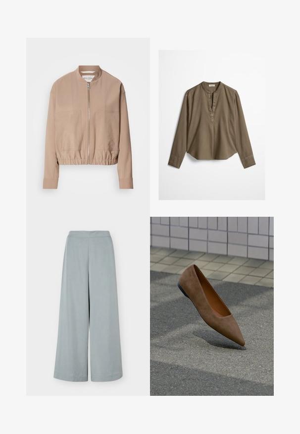 Beige bomber τζάκετ κατασκευασμένο από ελαφρύ ύφασμα, με κλείσιμο με φερμουάρ, λαιμό ribbed και δύο μπροστινές τσέπες. Σχεδίαση με ψηλό γιακά.; Καφέ μακρυμάνικη casual μπλούζα με γιακά μανταρίνι, πιέτα μπροστά και ελαφρώς καμπυλωτό τελείωμα, απλωμένη επίπεδη σε λευκό φόντο.; Ανοιχτό μπλε παντελόνι με φαρδύ πόδι, ψηλή μέση και καθαρές γραμμές, εμφανίζεται απλωμένο σε λευκό φόντο.; Καφέ σουέτ παπούτσι με μυτερή μύτη και ίσια σόλα να αιωρείται πάνω από άσφαλτο με πλακιδωτό τοίχο και πεζοδρόμιο στο φόντο.