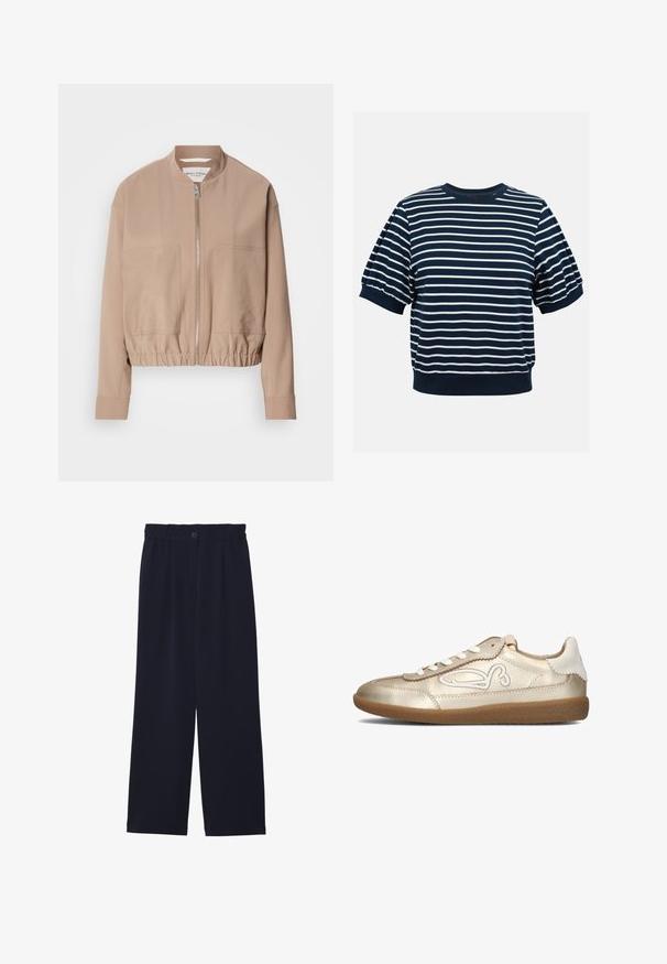 Beige bomberjack gemaakt van lichtgewicht stof, met een ritsluiting, geribbelde zoom en twee voorzakken. Hoge kraagontwerp.; Marineblauw T-shirt met korte mouwen, witte horizontale strepen en geplooide manchetten en zoom tegen een effen lichte achtergrond.; Marineblauwe wijde broek met een gladde textuur, elastische tailleband, enkele plooien aan de voorkant en een knoopsluiting in de taille.; Gouden leren sneaker met een ronde neus, witte accenten en een rubberen zool. Beschikt over een decoratief ontwerp langs de zijkant en veters.