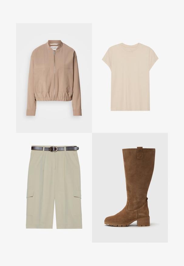 Veste bomber beige en tissu léger, dotée d'une fermeture éclair, d'une bordure côtelée et de deux poches avant. Design à col montant.; T-shirt beige à manches courtes en tissu doux, avec un col rond et une coupe décontractée. Texture lisse sans motifs ni accents visibles.; Shorts cargo beige avec une coupe décontractée, dotés de deux poches latérales et d'une ceinture marron avec une boucle ronde, texture de tissu lisse.; Tamaris Bottes - brown