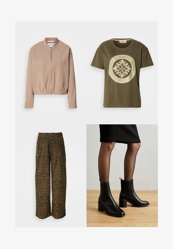Beige bomber τζάκετ κατασκευασμένο από ελαφρύ ύφασμα, με κλείσιμο με φερμουάρ, λαιμό ribbed και δύο μπροστινές τσέπες. Σχεδίαση με ψηλό γιακά.; Λαδί βαμβακερό μπλουζάκι με κυκλικό διακοσμητικό κεντητό σχέδιο σε χρυσό και πράσινο με το κείμενο "MOS MOSH" γύρω από το περίγραμμα. Στρογγυλή λαιμόκοψη.; Φαρδιές παντελόνες σε καφέ και μαύρη λεοπάρ πάτρα. Διαθέτουν ψηλή μέση και πλισέ σχεδίαση. Μαλακό ύφασμα με λεία υφή.; Anna Field by Zalando Κλασικές μπότες αστραγάλου - black