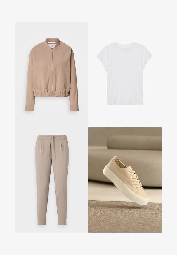 Chaqueta bomber beige hecha de tela ligera, con cierre de cremallera, dobladillo acanalado y dos bolsillos frontales. Diseño de cuello alto.; Camiseta blanca de manga corta con cuello redondo, corte relajado, hecha de suave tela de algodón. Textura lisa, sin estampados ni logotipos.; Pantalones jogger beige elaborados en tejido suave, con una cintura elástica y cordón, y bolsillos laterales. Diseño de pierna estrecha.; Zapatilla de lona beige con suela blanca gruesa de goma, colocada sobre una alfombra beige texturizada y un sofá beige redondeado al fondo.
