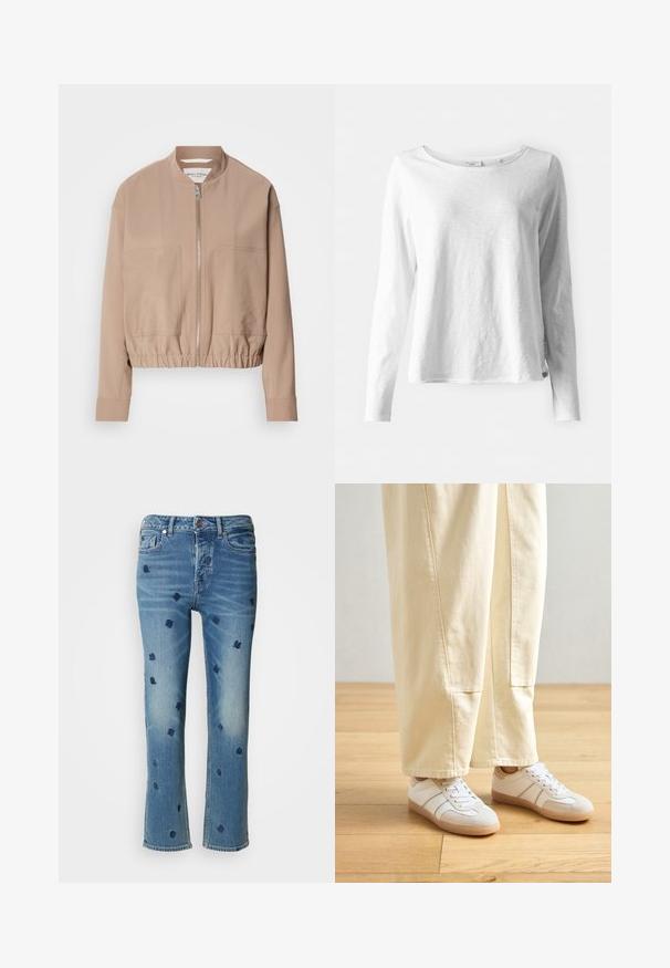 Beige Bomberjacke aus leichtem Stoff, mit einem Reißverschluss, geripptem Saum und zwei vorderen Taschen. Hoher Kragen.; Langärmliges weißes T-Shirt aus weichem, leichtem Stoff; mit rundem Halsausschnitt und leicht lockerer Passform; Etikett an der Seite sichtbar.; Hellblaue Jeans aus Denim mit geradem Bein, verziert mit navyblauer floralem Stickerei und einem Used-Look-Effekt nahe den Taschen und dem Saum.; Weiße Sneaker mit einer Kombination aus glatten und Wildledertexturen, ausgestattet mit beigen Akzenten und einer Gummisohle, kombiniert mit hellen, weiten Hosen.