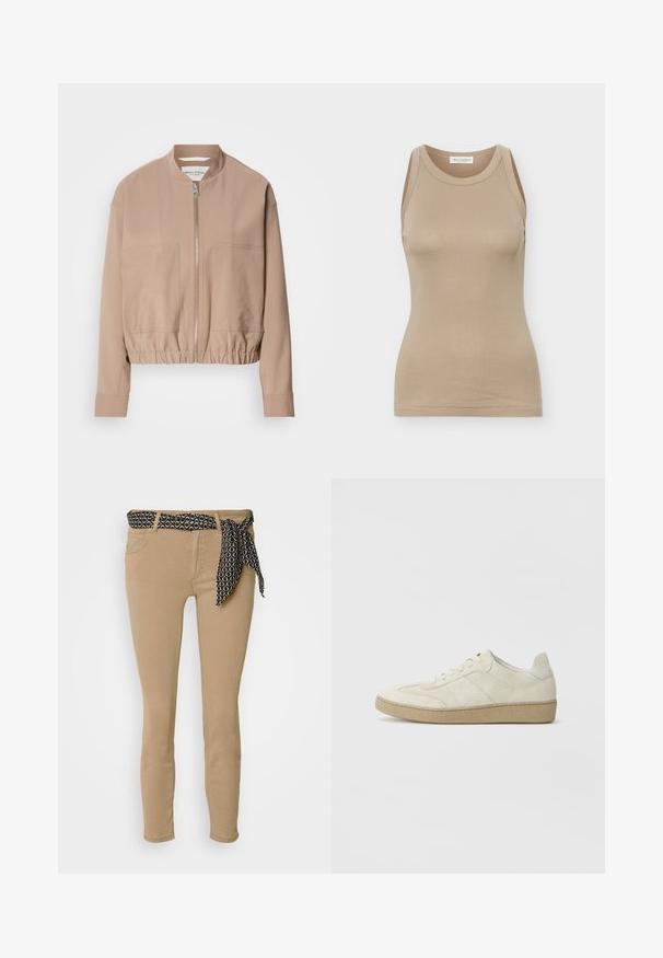 Beige Bomberjacke aus leichtem Stoff, mit einem Reißverschluss, geripptem Saum und zwei vorderen Taschen. Hoher Kragen.; Beige ärmelloses, tailliertes Damen-Top mit rundem Ausschnitt und Marc O'Polo Etikett auf der Rückseite des Innenkragens.; Beige Skinny-Jeans mit einem schwarzen gemusterten Taillengummi und passendem Band. Verfügen über fünf Taschen und eine glatte Baumwollmischung.; Beige Wildledersneaker mit strukturiertem Design, flacher Gummisohle und ausgeprägter Seitennaht. Runde Zehenform und gepolsterter Kragen.
