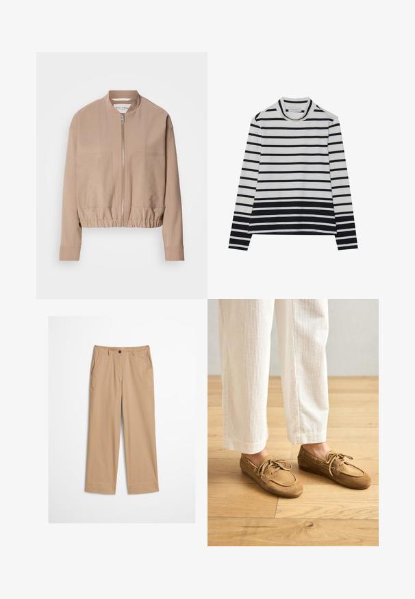 Beige bomber τζάκετ κατασκευασμένο από ελαφρύ ύφασμα, με κλείσιμο με φερμουάρ, λαιμό ribbed και δύο μπροστινές τσέπες. Σχεδίαση με ψηλό γιακά.; Μακρυμάνικη μπλούζα από βαμβάκι, με οριζόντιες μαύρες και λευκές ρίγες, ψηλό λαιμό με μανίκια και χαλαρή εφαρμογή με πλευρικές σχισμές.; Μπεζ βαμβακερό παντελόνι με ίσια πόδια, μπροστινό κούμπωμα με κουμπιά και λεία υφή. Διαθέτει τυπικές θηλιές για ζώνη και επίπεδη μπροστινή σχεδίαση.; Καφέ σουέντ μποτ παπούτσια με κορδόνια, με στρογγυλή μύτη και ραφές. Φοριούνται με λευκά παντελόνια κωρντούρας σε ξύλινο περιβάλλον.