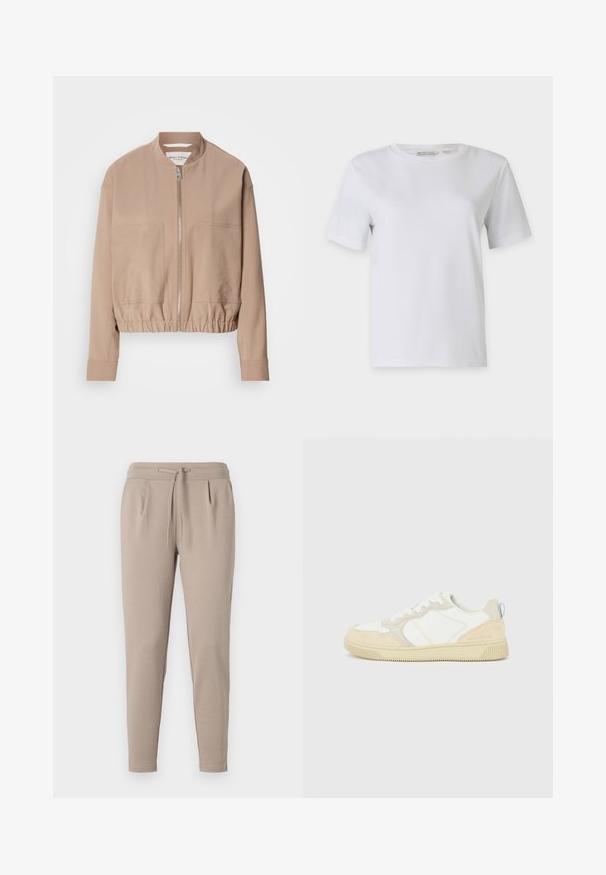 Chaqueta bomber beige hecha de tela ligera, con cierre de cremallera, dobladillo acanalado y dos bolsillos frontales. Diseño de cuello alto.; Camiseta blanca de manga corta hecha de algodón suave. Presenta un cuello redondo y dobladillo recto, sin patrones ni adornos.; Pantalones jogger beige elaborados en tejido suave, con una cintura elástica y cordón, y bolsillos laterales. Diseño de pierna estrecha.; Zapatilla blanca y beige con parte superior de ante y textil, con costuras en contraste, suela de goma y un detalle en azul claro en el talón.