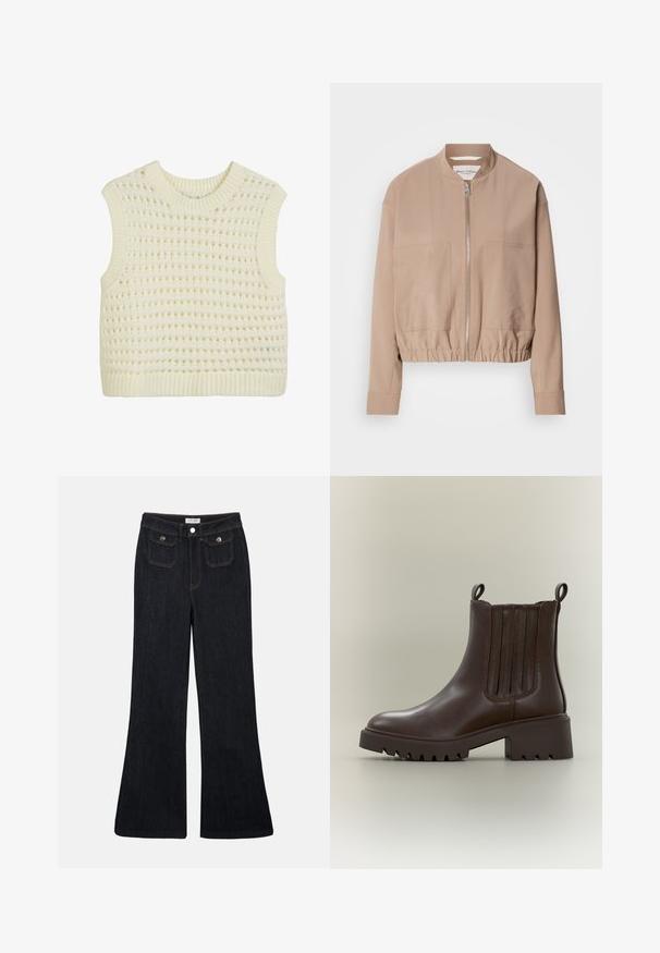 Veste bomber beige en tissu léger, dotée d'une fermeture éclair, d'une bordure côtelée et de deux poches avant. Design à col montant.; Débardeur en tricot sans manches de couleur crème, présentant un motif en tricot ouvert texturé ainsi qu'un col et un ourlet côtelés.; Jeans en denim foncé évasés avec une taille haute, deux poches avant et des coutures orange. Le matériau semble robuste et lisse.; Bottine en cuir brun foncé avec panneaux latéraux élastiques, languettes, semelle épaisse et petit talon bloc sur fond neutre.