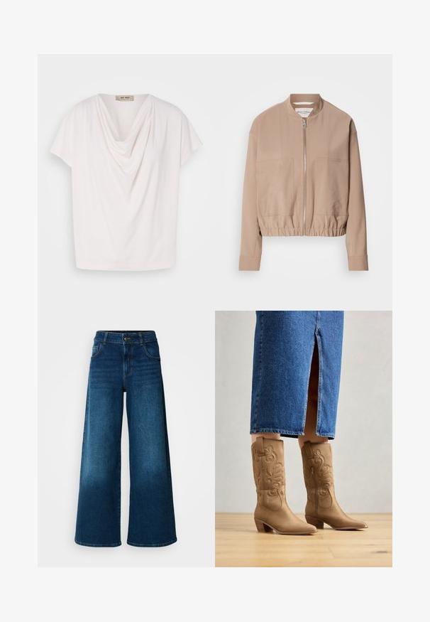 Beige bomber τζάκετ κατασκευασμένο από ελαφρύ ύφασμα, με κλείσιμο με φερμουάρ, λαιμό ribbed και δύο μπροστινές τσέπες. Σχεδίαση με ψηλό γιακά.; Το τοπ με την κουκούλα, κοντό μανίκι σε μαλακό λευκό ύφασμα; άνετη εφαρμογή με ρυτμιστικές λεπτομέρειες κατά μήκος του λαιμού και λεία υφή.; Πλατιά τζιν με σκούρο μπλε τζιν ύφασμα. Διαθέτουν ψηλή μέση, κλείσιμο με κουμπί και κλασικό σχέδιο πέντε τσεπών με υποτονική φθορά.; Καφέ μπότες western με διακοσμητική ραφή, μυτερή μύτη και κοπές τακούνι. Φορεμένες με φούστα από τζιν μέχρι το γόνατο, αποκαλύπτοντας τις μπότες.
