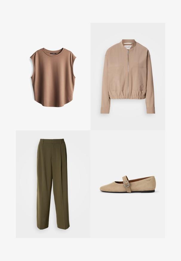 Beige Bomberjacke aus leichtem Stoff, mit einem Reißverschluss, geripptem Saum und zwei vorderen Taschen. Hoher Kragen.; Braunes ärmelloses Oberteil aus glattem Stoff, mit rundem Ausschnitt und abgesenkten Armausschnitten, leicht abgerundetem Saum und minimalistischem Design.; Olivegrüne weite Hosen aus einem glatten Stoff, mit hoher Taille, Frontfalten und seitlichen Taschen für Funktionalität.; Beige Wildleder Mary Jane Ballerinas mit spitzer Zehe und einem verstellbaren Riemen mit einer silbernen Schnalle. Schwarze flache Sohle.