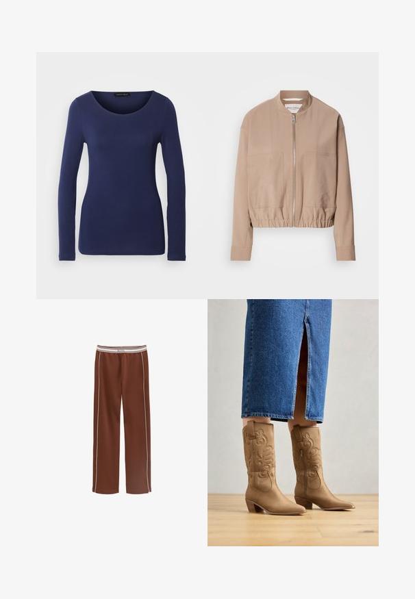 Veste bomber beige en tissu léger, dotée d'une fermeture éclair, d'une bordure côtelée et de deux poches avant. Design à col montant.; T-shirt à manches longues marine en matériau doux avec un col rond et un design ajusté. Aucuns motifs ni accents visibles.; Pantalon marron à jambes larges avec passepoil blanc sur les côtés et taille élastique blanche comportant des rayures beiges et un marquage "Marc O'Polo".; Bottes western en cuir marron avec des coutures décoratives, bout pointu et talon empilé. Portées avec une jupe en denim longue jusqu'au genou, mettant en valeur les bottes.