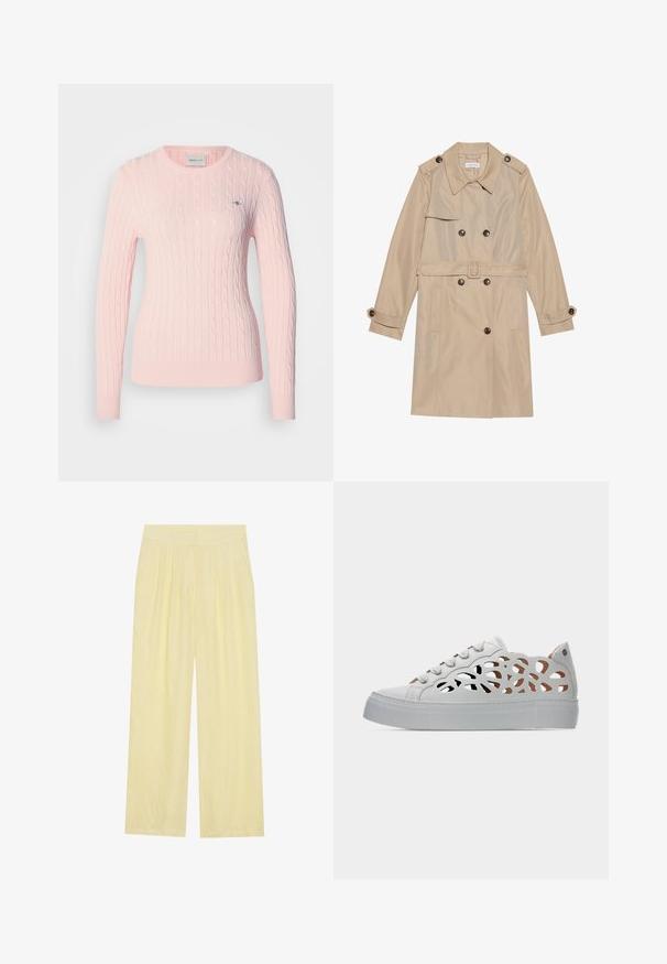 Manteau trench beige en tissu lisse, avec un design croisé, de grands boutons, une ceinture et des poches à rabat.; Pull en maille torsadée rose clair avec manches longues et encolure ronde. Comprend un petit logo sur la poitrine et un ourlet côtelé.; Pantalons larges jaune clair en tissu texturé, présentant un devant plissé et une taille élastique haute.; Baskets blanches basses avec motif floral en découpe sur la tige et semelle en caoutchouc épaisse, vues de côté sur un fond uni.
