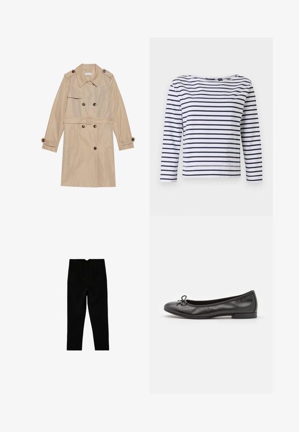 Beige trenchcoat gemaakt van gladde stof, met een dubbele rij knopen, grote knopen, een riem en klepzakken.; Gestreepte lange mouwen top in wit en marineblauw, met een bootnek en een ontspannen pasvorm. Gemaakt van zacht katoen met gestikte zomen.; Zwarte op maat gemaakte broek tot aan de enkel met zijzakken en een licht taps toelopende pijp, plat liggend op een witte achtergrond.; Zwarte leren ballerina's met een ronde neus, een klein strikaccent aan de voorkant en een lage, rechthoekige hak. Gladde textuur.