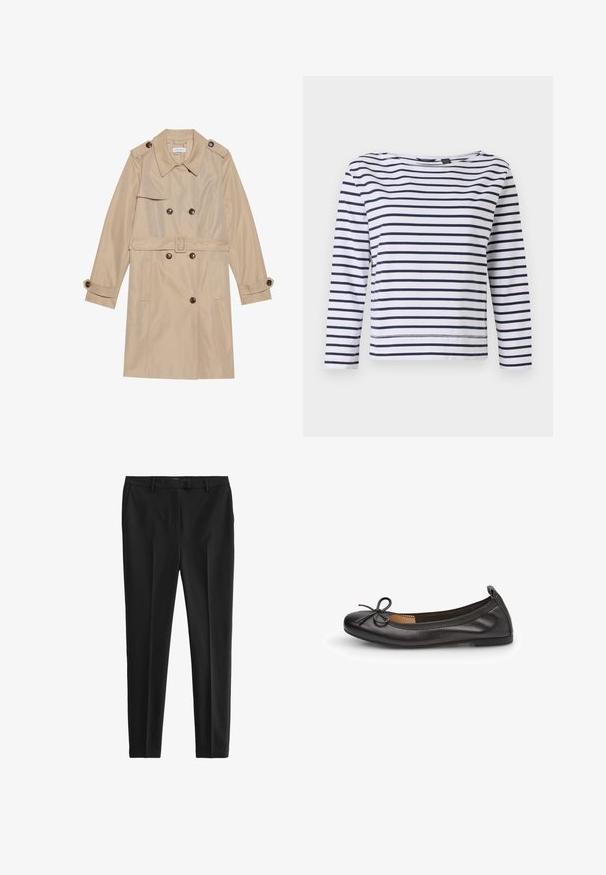 Beige trenchcoat gemaakt van gladde stof, met een dubbele rij knopen, grote knopen, een riem en klepzakken.; Gestreepte lange mouwen top in wit en marineblauw, met een bootnek en een ontspannen pasvorm. Gemaakt van zacht katoen met gestikte zomen.; Zwarte op maat gemaakte broek van soepel stof. Heeft een vlakke voorkant, zijzakken en een slim fit ontwerp. Schoon, minimalistisch stijl.; Zwarte leren ballerina met een ronde neus, slank strikdetail aan de voorkant en elastische rand voor een veilige pasvorm. Platte zool voor comfort.