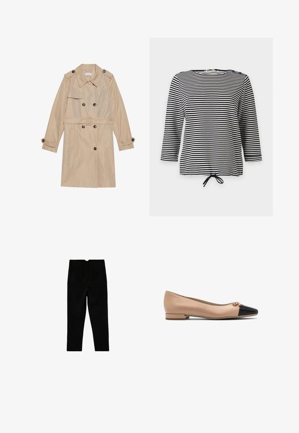 Beige Trenchcoat aus glattem Stoff, mit einem doppelreihigen Design, großen Knöpfen, einem Gürtel und Klappentaschen.; Gestreiftes Oberteil in Schwarz und Weiß mit Dreiviertelärmeln und Kordelzugsaum, aus weichem Stoff mit lockerer Passform.; Schwarze, maßgeschneiderte, knöchellange Hose mit Seitentaschen und leicht zulaufendem Bein, flach auf weißem Hintergrund ausgelegt.; Beige Leder Ballerinas mit einer schwarzen Kappe und einer kleinen Schleifendetail an der Vorderseite, ausgestattet mit einem niedrigen Blockabsatz für zusätzlichen Halt.