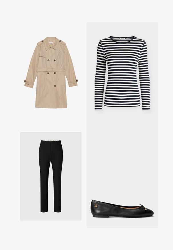 Beige Trenchcoat aus glattem Stoff, mit einem doppelreihigen Design, großen Knöpfen, einem Gürtel und Klappentaschen.; Langarmshirt mit marineblauen und weißen horizontalen Streifen und rundem Ausschnitt, mit GANT-Logo am Ärmelbündchen.; Schwarze maßgeschneiderte Hosen aus glattem Stoff, mit geradem Beinschnitt, Gürtelschlaufen und minimal sichtbaren Nähten.; Schwarzer Leder-Ballerina mit kleinem Schleifchen und goldfarbenem Logo-Detail an der Ferse, flache Sohle und abgerundete Spitze.