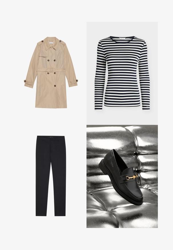 Manteau trench beige en tissu lisse, avec un design croisé, de grands boutons, une ceinture et des poches à rabat.; Chemise à manches longues avec des rayures horizontales bleu marine et blanches et un col rond, brandée GANT sur le bord de la manche.; Pantalons formels noirs slim fit avec passants de ceinture et poches avant, conçus pour un look professionnel et ajusté.; Mocassin en cuir noir avec un détail en métal doré. La chaussure présente un design épuré et une texture lisse et brillante.