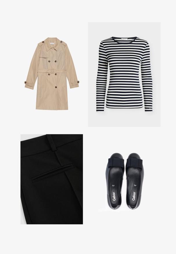 Beige trenchcoat lavet af glat stof, med et dobbeltbrystet design, store knapper, et bælte og klaplommer.; Langærmet skjorte med navy og hvide horisontale striber og rund halsudskæring, mærket GANT på ærmekanten.; Sorte bukser lavet af glat stof, med et fladt design foran og en enkelt baglomme med en slidsåbning.; Sorte Gabor flade sko med elastiske stropper, glat læderoverdel, rund tå og blød indre polstring. Størrelse markeret som 41/2.