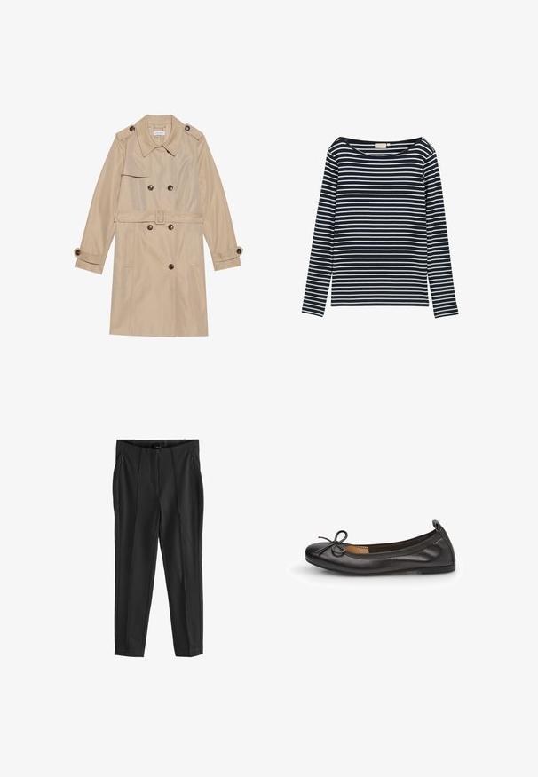 Beige trenchcoat lavet af glat stof, med et dobbeltbrystet design, store knapper, et bælte og klaplommer.; Marineblå og hvid stribet langærmet skjorte med en bred halsudskæring, lavet af et blødt materiale, med jævnt fordelte vandrette striber.; Sorte skræddersyede bukser med en glat stofstruktur, der har en flad front, to sidelommer og en slank pasform.; Sorte læderballetsko med rund tå, slank sløjfedetalje foran og elastisk kant for en sikker pasform. Flad sål for komfort.