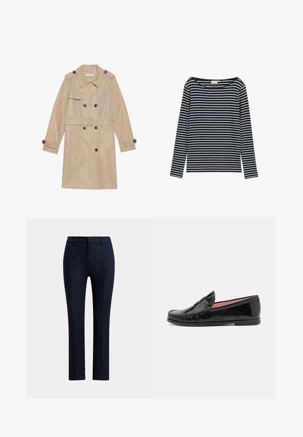 Beige trenchcoat lavet af glat stof, med et dobbeltbrystet design, store knapper, et bælte og klaplommer.; Marineblå og hvid stribet langærmet skjorte med en bred halsudskæring, lavet af et blødt materiale, med jævnt fordelte vandrette striber.; Marineblå skræddersyede bukser med lige ben, bæltestropper og lynlåslukning foran.; Sorte laklæder loafer-sko med rund tå, dekorativ syning på overdelen og en lav, flad gummisål.