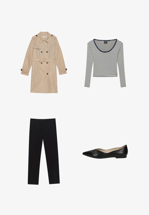 Beige trenchcoat lavet af glat stof, med et dobbeltbrystet design, store knapper, et bælte og klaplommer.; Hvid langærmet skjorte med smalle marineblå vandrette striber og marineblå kant rundt om rund halsudskæring, med lille guldlogo nær kanten.; Sorte lige bukser med sidelommer og linning, der har en skjult frontlukning og en glat, skræddersyet finish.; Sorte læderballetflade med spids tå, glat tekstur og minimalistisk design. Flad sål uden synlig hardware eller detaljer.