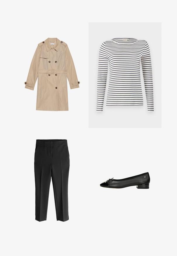 Beige Trenchcoat aus glattem Stoff, mit einem doppelreihigen Design, großen Knöpfen, einem Gürtel und Klappentaschen.; Langärmliges gestreiftes Hemd aus weichem Stoff, mit navy- und weißen horizontalen Streifen, runder Halslinie und schlanker Passform.; Schwarze, maßgeschneiderte Hosen mit glatter Textur, breitem Bund, zwei seitlichen Taschen und Schlitzen am Saum für eine moderne Optik.; Schwarze Ballerinas mit spitzem Zehenbereich, aus Leder gefertigt, mit Lackleder-Akzent an der Zehe und einem niedrigen Blockabsatz. Verfügt über ein Schleifen-Detail.