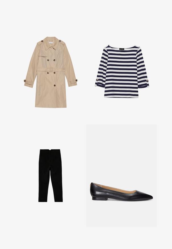 Beige trenchcoat gemaakt van gladde stof, met een dubbele rij knopen, grote knopen, een riem en klepzakken.; Marineblauw en witte gestreepte longsleeve top met een bootnek en gouden knoopaccenten op de opgerolde mouwen. Zachte stof, relaxte pasvorm.; Zwarte op maat gemaakte broek tot aan de enkel met zijzakken en een licht taps toelopende pijp, plat liggend op een witte achtergrond.; Zwarte leren ballerina's met een spitse neus, lage hak en een gouden accent op de hak. Glad textuur met een klassieke uitstraling.