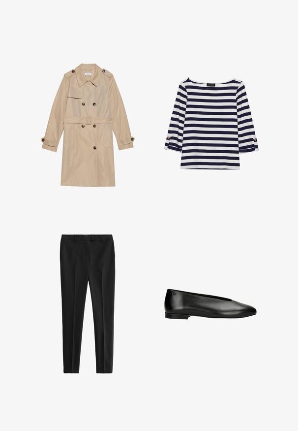 Manteau trench beige en tissu lisse, avec un design croisé, de grands boutons, une ceinture et des poches à rabat.; Haut rayé bleu marine et blanc à manches longues avec un col bateau et des accents de boutons dorés sur les manches retroussées. Tissu doux, coupe décontractée.; Pantalons noirs en tissu lisse et léger. Présentent une coupe ajustée, des plis avant, des passants de ceinture standards ainsi que des poches latérales et arrière.; Ballerines en cuir noir avec un bout rond, un talon bas et un logo discret sur le talon. Texture lisse, design minimaliste.