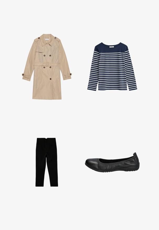 Beige Trenchcoat aus glattem Stoff, mit einem doppelreihigen Design, großen Knöpfen, einem Gürtel und Klappentaschen.; Marineblaues Langarmshirt mit weißen horizontalen Streifen. Rundhalsausschnitt, weicher Stoff, lockere Passform und keine sichtbaren Beschläge oder Verzierungen.; Schwarze, maßgeschneiderte, knöchellange Hose mit Seitentaschen und leicht zulaufendem Bein, flach auf weißem Hintergrund ausgelegt.; Schwarze Leder-Ballettschuhe mit einer runden Spitze, glatter Textur und einem leicht elastischen Rand für zusätzlichen Komfort. Gummisohle für besseren Halt.