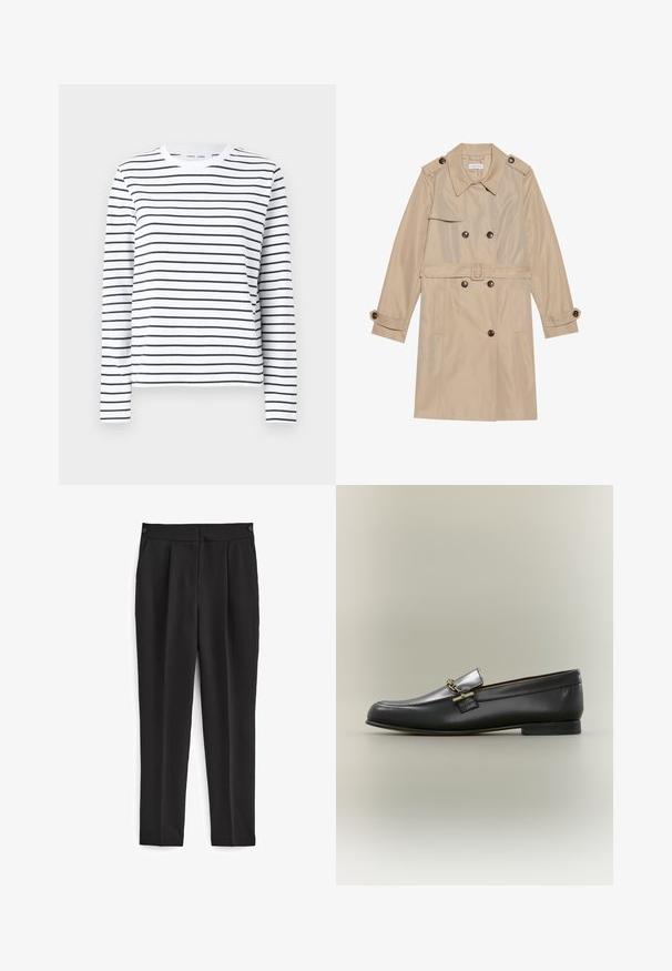 Beige trenchcoat lavet af glat stof, med et dobbeltbrystet design, store knapper, et bælte og klaplommer.; Langærmet skjorte i hvid bomuld med sorte horisontale striber. Har en rund halsudskæring og en afslappet pasform. Ingen bemærkelsesværdige accenter eller mønstre.; Sorte bukser med skræddersyet pasform, med flad front, to sidelommer og et rent, sømløst design. Fremstillet af et glat, åndbart stof.; Sort læderloafer med sølv øverste, gyldent kædedetalje, lav hæl og rundet tå på neutral baggrund.