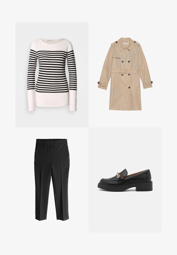 Beige trenchcoat lavet af glat stof, med et dobbeltbrystet design, store knapper, et bælte og klaplommer.; Langærmet stribet toppen med sort og hvid vandrette striber, bådudskæring og en tætsiddende silhuet. Materiale af bomuldsblanding.; Sorte skræddersyede bukser med en glat tekstur, der har en bred talje, to sidelommer og slids ved kanten for et moderne udtryk.; Sort læderloafer med en kraftig platformsål, der har et guldbelagt kædeaccent og synlige sømdetaljer. Glat tekstur og strømlinet design.