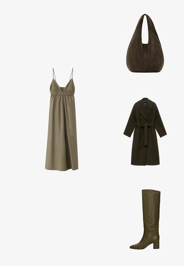 Manteau en laine vert foncé avec un large col, des manches longues, une taille ceinturée et des poches latérales, présentant une coupe droite et une texture douce.; Robe maxi sans manches vert olive avec fines bretelles, taille élastique froncée et encolure en V. Design simple et fluide.; Bottes en cuir vert olive, hautes, avec un bout pointu et un talon carré, présentant une texture lisse et des détails de couture minimalistes.; Sac hobo en daim marron foncé doux avec une large bandoulière unique et un fond arrondi sur fond blanc.