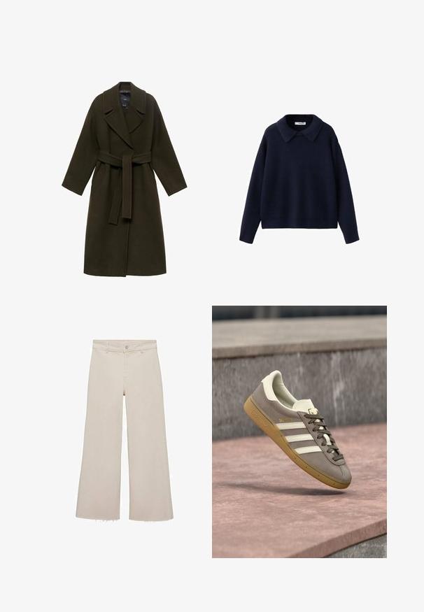 Manteau en laine vert foncé avec un large col, des manches longues, une taille ceinturée et des poches latérales, présentant une coupe droite et une texture douce.; Pull en tricot bleu marine à manches longues avec un large col pointu et une coupe décontractée sur fond blanc.; Jeans beige à jambes larges avec taille haute, en tissu denim. Présente un ourlet brut en bas et une fermeture à boutons et à glissière à l'avant.; Baskets Adidas en suède marron clair avec des rayures blanches et une semelle gomme, suspendues au-dessus de marches en pierre rose en plein air.
