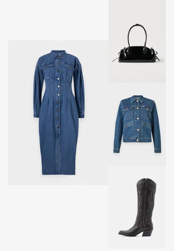 Sinine denimpusa vaskvärviliste nuppudega, kahe rinnakoti klappidega, mis on varustatud nupuklippudega, ja kahe diagonaalse vöökotiga.; Denimkleit nupudega ning pika varrukaga, kaks rinnataskut ja struktureeritud siluett keskmise sinise pesuga.; Pruunid nahast kootsasaapad leegitikkimisega, küljes lukk, hõbedased naelad, terav nina ja paks konts.; Väike must läikiv käekott kahe pika sangaga ja külgedel paelakinnitustega, ühel lihtsal helel taustal.