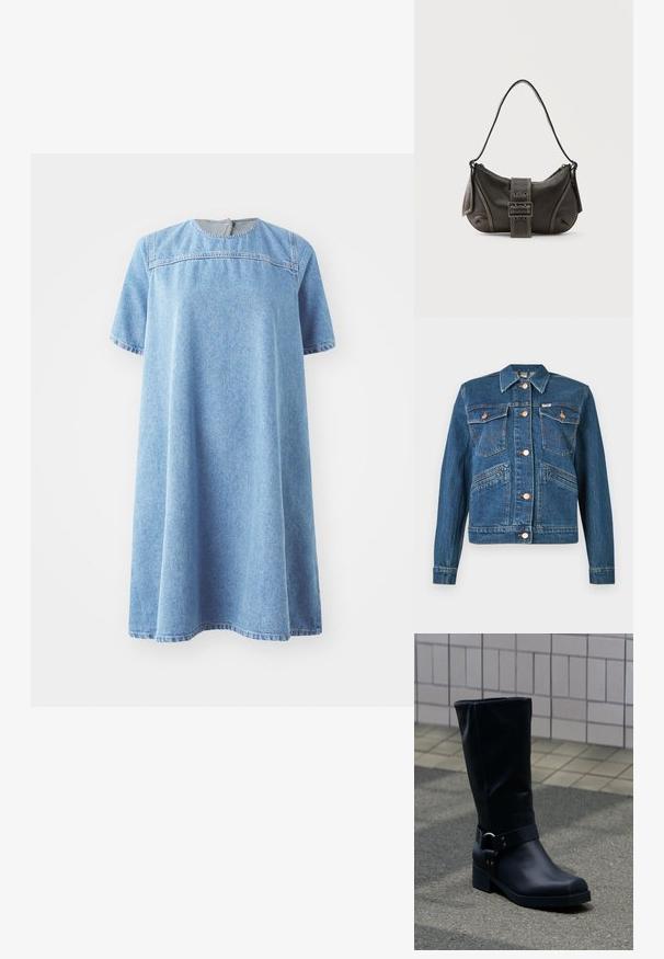 Veste en denim bleu avec des boutons en cuivre, deux poches à rabat sur la poitrine avec des fermetures à bouton, et deux poches diagonales à la taille.; Robe en denim bleu clair, à manches courtes, décolleté rond, avec une silhouette A-line ample, ornée d'un détail couture sur la poitrine.; Botte en cuir noire mi-mollet avec un petit talon bloc et une bride décorative avec boucle métallique autour de la cheville, sur un trottoir carrelé.; Sac à épaule en cuir noir avec une sangle à boucle, des bords arrondis et des coutures blanches contrastées sur un fond uni.