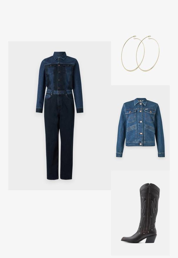 Modrá denimová bunda s mosadznými gombíkmi, dvoma náprsními vreckami so zapínaním na gombík a dvoma diagonálnymi vreckami na páse.; Denim overal s tmavomodrou farbou, dlhými rukávmi, zapínaním na gombíky vpredu, golierom a opaskom v páse s dvoma náprsními vreckami.; Hnedé kožené kovbojské čižmy s výšivkou v tvare plameňov, bočným zipsom, striebornými nitmi, špicatou špičkou a vystuženým opätkom.; Pilgrim Náušnice - gold-coloured