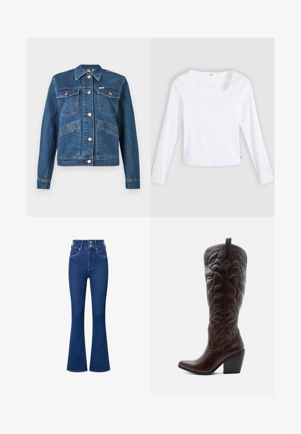 Blaue Jeansjacke mit kupferfarbenen Knöpfen, zwei aufgesetzten Brusttaschen mit Knopfverschluss und zwei diagonalen Hüfttaschen.; Weißes Langarm-T-Shirt aus Rippstoff mit quadratischem Ausschnitt und figurbetontem Schnitt, mit einem kleinen Logobändchen an der Seite.; Hoch geschnittene Schlagjeans aus dunkelblauem Denim. Merkmale sind ein Zwei-Knopf-Verschluss, Vordertaschen und dezente Nähte entlang der Säume.; Hoher dunkelbrauner Leder-Cowboystiefel mit gestickten dekorativen Mustern, spitzer Spitze und gestapeltem Blockabsatz.