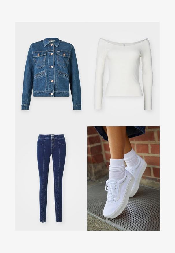 Veste en denim bleu avec des boutons en cuivre, deux poches à rabat sur la poitrine avec des fermetures à bouton, et deux poches diagonales à la taille.; Haut blanc à épaules dénudées, à manches longues, fabriqué en matériau côtelé. Design ajusté avec une texture lisse et un ourlet droit.; Jean en denim bleu foncé avec une taille haute, fermeture à cinq boutons, deux poches avant et une coupe slim. Texture douce.; Baskets en toile blanches avec semelles en caoutchouc, dotées de six œillets, d'un bout rond et de détails de couture légers, portées avec des chaussettes blanches mi-mollet.