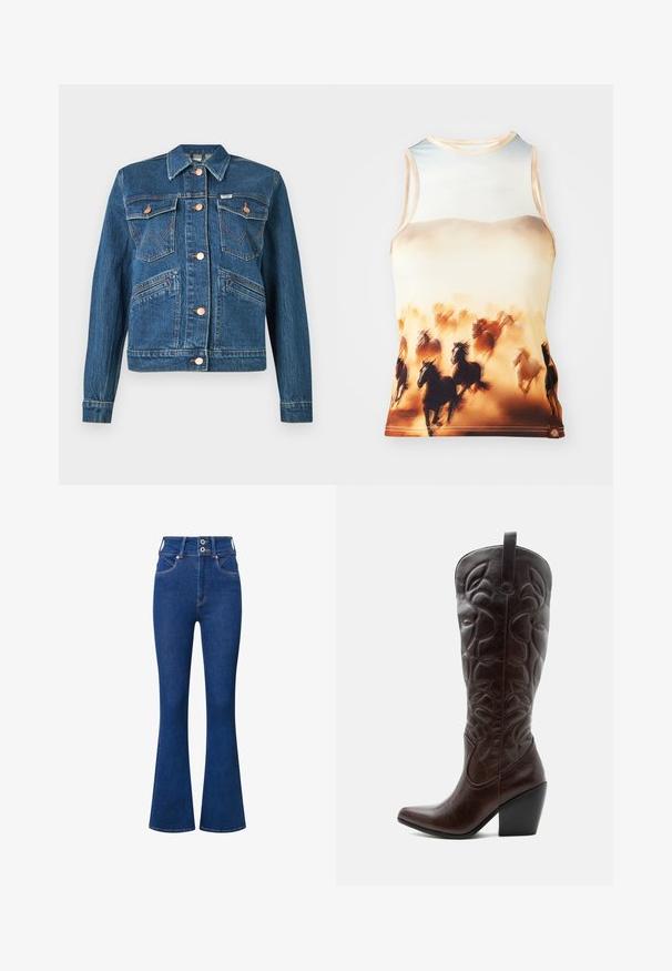 Blaue Jeansjacke mit kupferfarbenen Knöpfen, zwei aufgesetzten Brusttaschen mit Knopfverschluss und zwei diagonalen Hüfttaschen.; Ärmelloses Tanktop mit einem Druck von laufenden Pferden in Braun- und Cremetönen, hergestellt aus glattem Stoff mit einem runden Halsausschnitt und taillierter Passform.; Hoch geschnittene Schlagjeans aus dunkelblauem Denim. Merkmale sind ein Zwei-Knopf-Verschluss, Vordertaschen und dezente Nähte entlang der Säume.; Hoher dunkelbrauner Leder-Cowboystiefel mit gestickten dekorativen Mustern, spitzer Spitze und gestapeltem Blockabsatz.